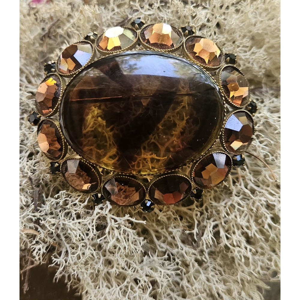 Vintage Signed Les Bernard Glass Tortoise Rhinestone Brooch Pin
